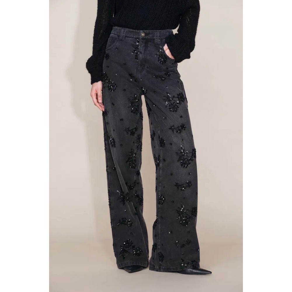 Fabrique‎ Star Hand Beaded Rose Embellishment Straight Leg Jeans Cotton Denim